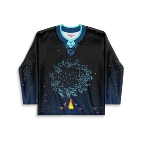 Front view of celestial night-sky pattern with blue doodles, campfire, and readable NITW lettering
