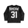 Tonal black abstract geometric pattern with dripping NAMKROW text and white number 31, back view