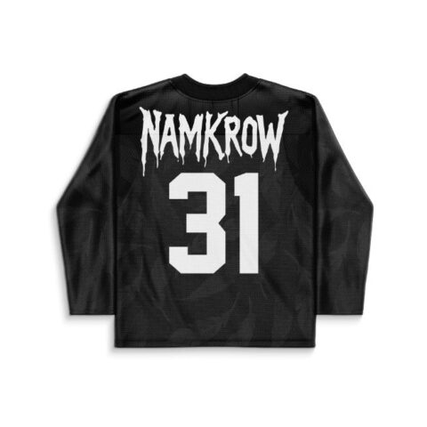 Tonal black abstract geometric pattern with dripping NAMKROW text and white number 31, back view