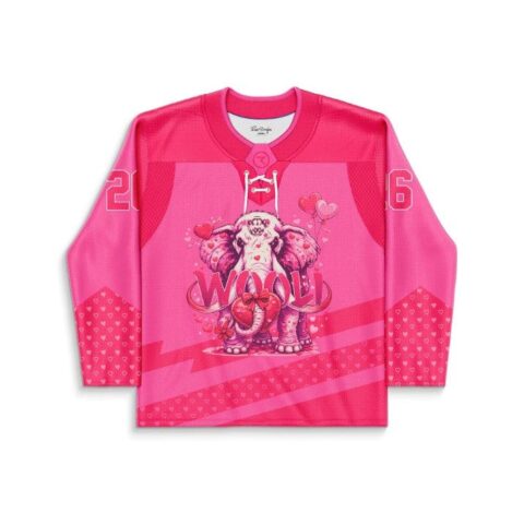 Hot pink ornate elephant graphic with hearts and lace-up front, shown in a front view