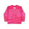 Hot pink outlined lettering and number 26 with elephant patch, heart-patterned back view
