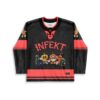 Front view of black-and-red retro design with readable “INFEKT” and cartoon-style group graphic