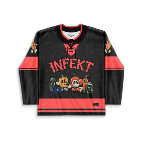 Front view of black-and-red retro design with readable “INFEKT” and cartoon-style group graphic