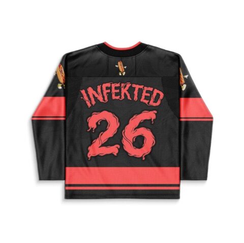 Back view of black-and-red retro design featuring readable “INFEKTED” and dripping “26” graphics
