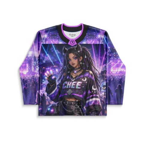 Purple anime-inspired concert crowd jersey with “CHEE” text and moon motifs, front view
