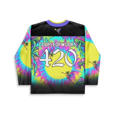 Psychedelic mushroom and neon acid-trip jersey back with “COUPLEOFWOOKS 420” text, studio product view
