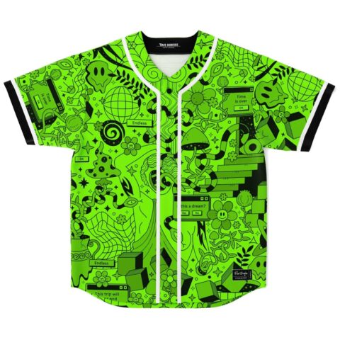 Neon lime dense doodle front displays “Time is over,” “Endless,” and “Is this a dream?”