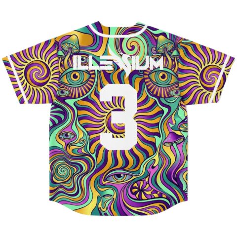 Psychedelic eye and mushroom swirl pattern with large white number 3, back view