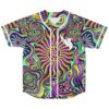 Psychedelic eye and mushroom swirl design on a colorful jersey, front view