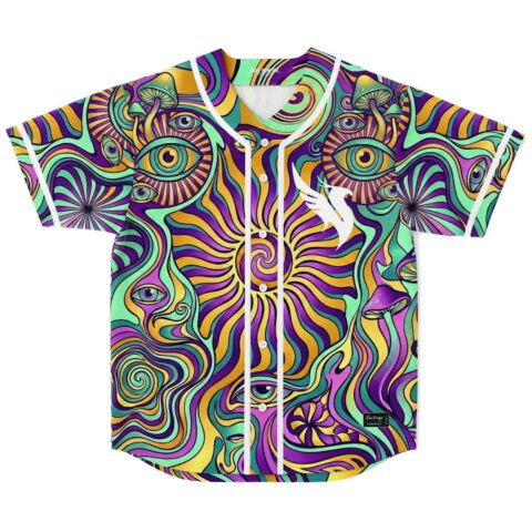 Psychedelic eye and mushroom swirl design on a colorful jersey, front view