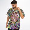 Colorful psychedelic eye and mushroom swirls worn by a model, front view