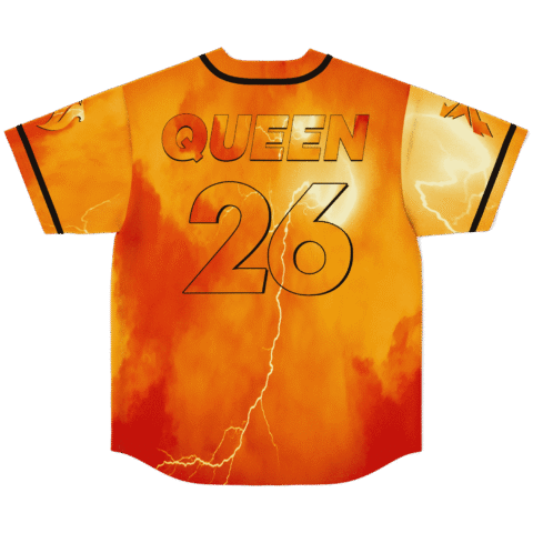 Orange fiery lightning jersey back with “QUEEN” and number “26”, shown flat against brown background