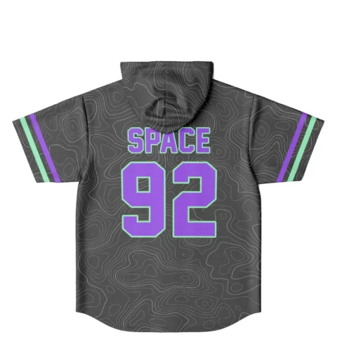 Back view charcoal topographic contour pattern with SPACE 92 in oversized purple lettering