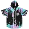 Front view, black melting pastel drip pattern with white “Keep it Mello” lettering
