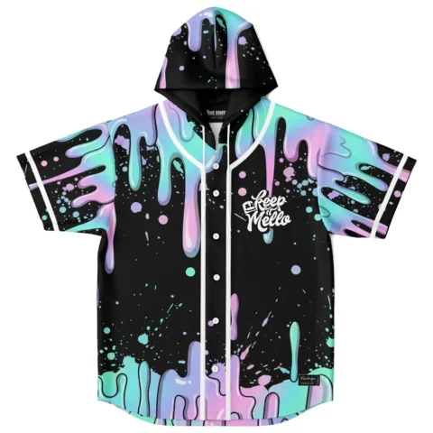 Front view, black melting pastel drip pattern with white “Keep it Mello” lettering