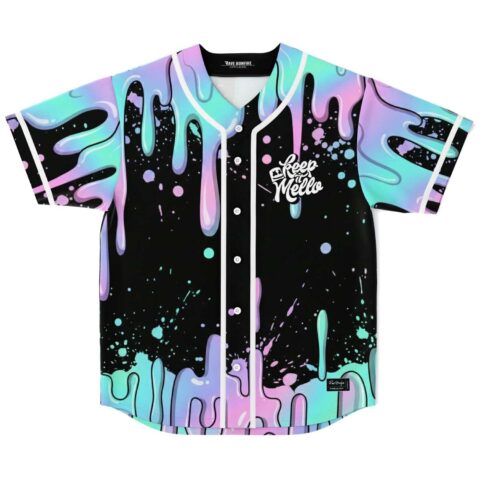 Neon dripping slime jersey front view with pastel splatters and readable “Keep Mello” chest lettering