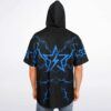 Model showing the blue lightning crack pattern and star emblem, back view in studio