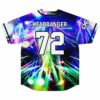 Back view featuring a neon laser concert-stage pattern with “HEADBANGER” and oversized “72”