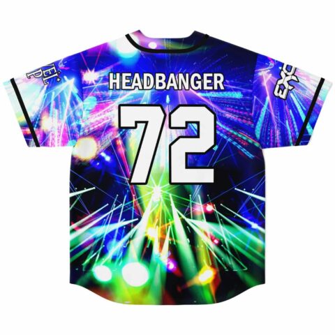 Back view featuring a neon laser concert-stage pattern with “HEADBANGER” and oversized “72”
