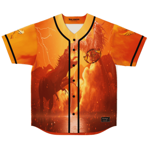 Orange fiery dragon jersey front with rearing dragon, lightning, and black-trimmed button placket, shown flat