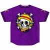 Purple skull emblem with yellow hat and crossed bones over abstract swirl pattern, back view