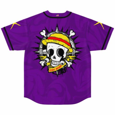 Purple skull emblem with yellow hat and crossed bones over abstract swirl pattern, back view