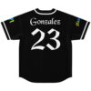 Black baseball jersey back view featuring white “Gonzalez” lettering, oversized 23, and rainbow sleeve text