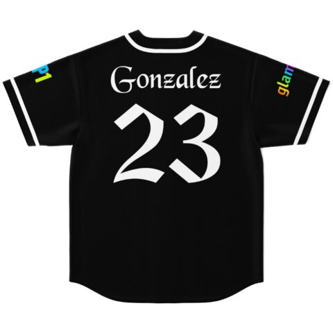 Black baseball jersey back view featuring white “Gonzalez” lettering, oversized 23, and rainbow sleeve text