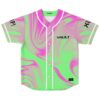 Neon liquid marble swirl jersey front with white piping, buttons, and VAULT text