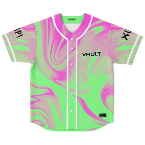 Neon liquid marble swirl jersey front with white piping, buttons, and VAULT text