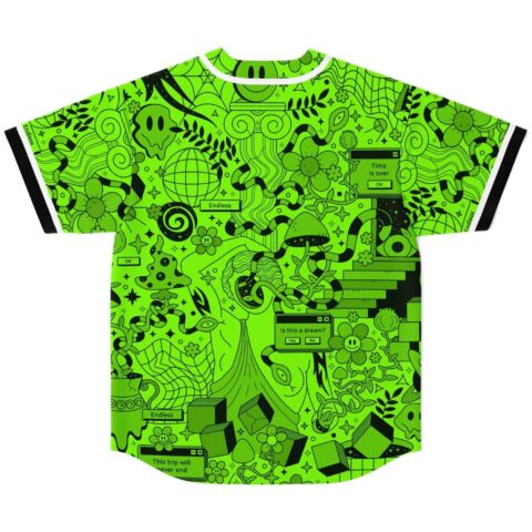 Neon lime dense doodle back features mushrooms, flowers, and “This trip will never end”