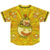 Back view featuring a game-inspired cartoon creature, mushrooms, stars, and orange-yellow radiating swirls