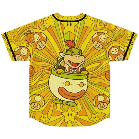 Back view featuring a game-inspired cartoon creature, mushrooms, stars, and orange-yellow radiating swirls