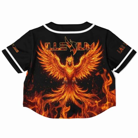 Black cropped baseball jersey back view with vibrant phoenix and festival text.