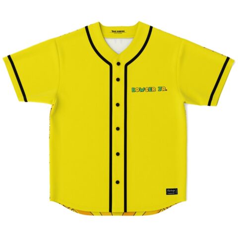 Bright yellow jersey front view with black trim and readable “BOWSER JR.” chest text