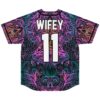 Symmetrical psychedelic swirl jersey back, WIFEY, number 11, flat on white background