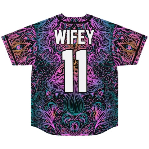 Symmetrical psychedelic swirl jersey back, WIFEY, number 11, flat on white background