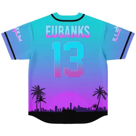 Miami sunset skyline gradient jersey back with EUBANKS and number 13, shown flat