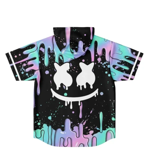 Back view, black melting pastel drip pattern with large white dripping smile emblem
