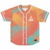 Coral orange marbled pattern baseball jersey front, turquoise accents, white piping, buttons, striped triangular graphic