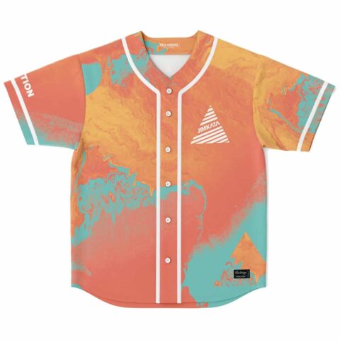 Coral orange marbled pattern baseball jersey front, turquoise accents, white piping, buttons, striped triangular graphic