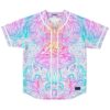 Pastel symmetrical psychedelic swirl jersey front with button placket and piping, displayed flat