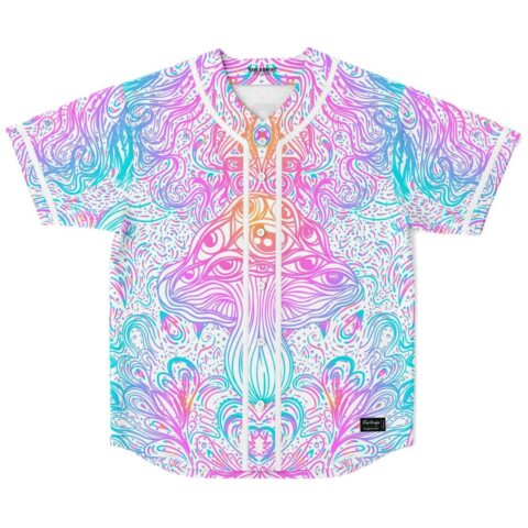 Pastel symmetrical psychedelic swirl jersey front with button placket and piping, displayed flat