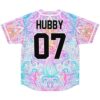 Pastel psychedelic swirl jersey back featuring HUBBY and 07 lettering, displayed flat for festival wear