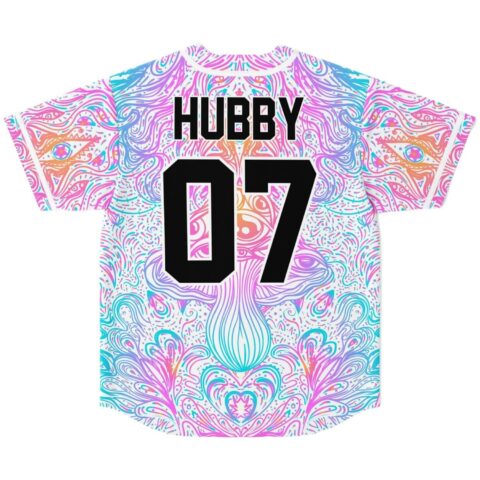 Pastel psychedelic swirl jersey back featuring HUBBY and 07 lettering, displayed flat for festival wear