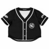 Front of the black rave cropped baseball jersey with white sporty accents
