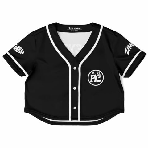 Black cropped baseball jersey front with white sporty accents