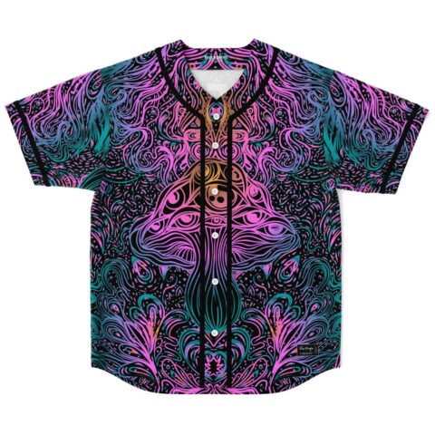 Symmetrical psychedelic swirl jersey front with button placket and layered eye motif, flat on white