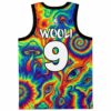 Neon psychedelic tie-dye jersey back featuring mushroom art, eyes, spirals, “WOOLI,” and number 9