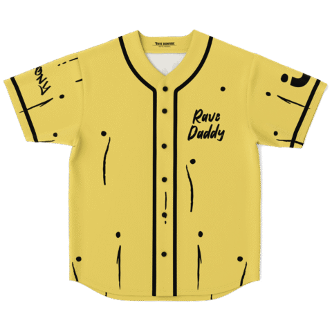 Mustard yellow crude hand-drawn pattern with “Rave Daddy” text, front flat-lay view